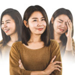 bipolar disorder Asian woman face happy smiling and depressed sad moods on white background