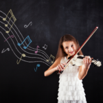 Girl music student playing happy child