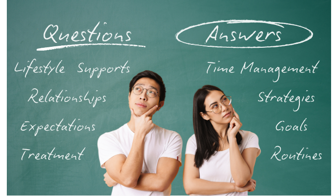 A man and a woman thinking in front of a green chalkboard.